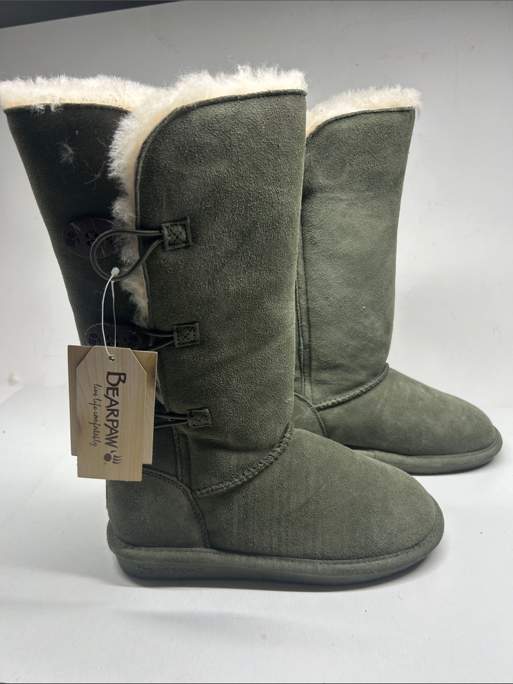 BearPaw Olive Suede Mid-Calf Shearling Boots